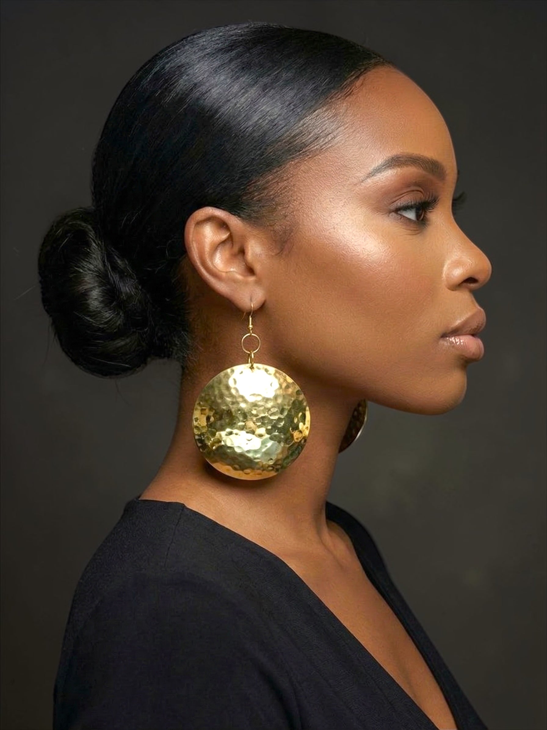 Hammered Brass Afrocentric Statement Earrings – Handmade Oversized Gold Disc Dangle Jewellery - Fatisha Boutique #