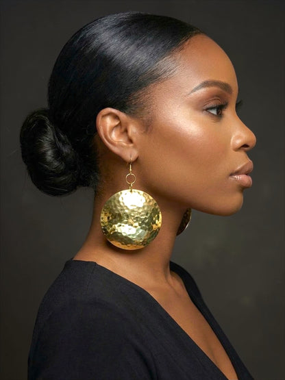 Hammered Brass Afrocentric Statement Earrings – Handmade Oversized Gold Disc Dangle Jewellery - Fatisha Boutique #
