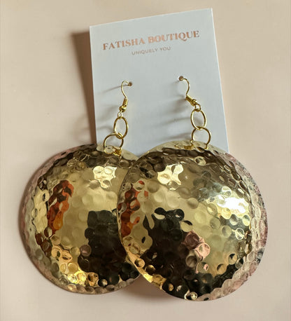 Hammered Brass Afrocentric Statement Earrings – Handmade Oversized Gold Disc Dangle Jewellery - Fatisha Boutique #