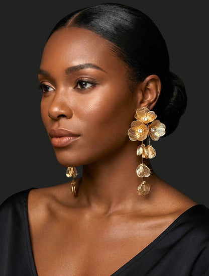 Elegant Floral Rhinestone Statement Earrings – Luxury Gold or Silver Drop Dangle Earrings for Women - Fatisha Boutique #