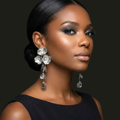 Elegant Floral Rhinestone Statement Earrings – Luxury Gold or Silver Drop Dangle Earrings for Women - Fatisha Boutique #