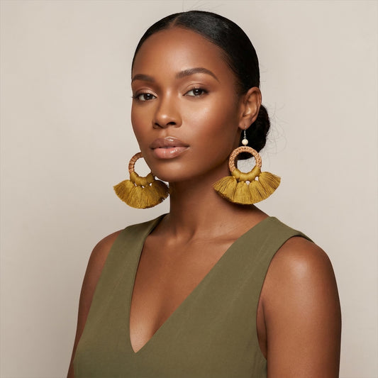 Boho Raffia Tassel Earrings – Handmade Statement Fan Drop Earrings for Women (Multiple Colours) - Fatisha Boutique #