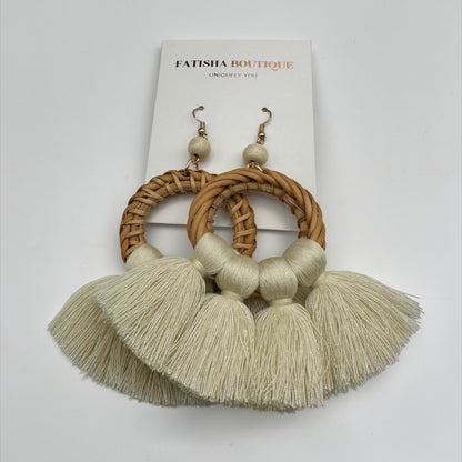 Boho Raffia Tassel Earrings – Handmade Statement Fan Drop Earrings for Women (Multiple Colours) - Fatisha Boutique #