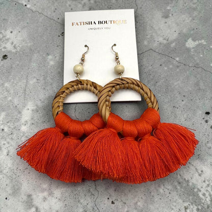 Boho Raffia Tassel Earrings – Handmade Statement Fan Drop Earrings for Women (Multiple Colours) - Fatisha Boutique #