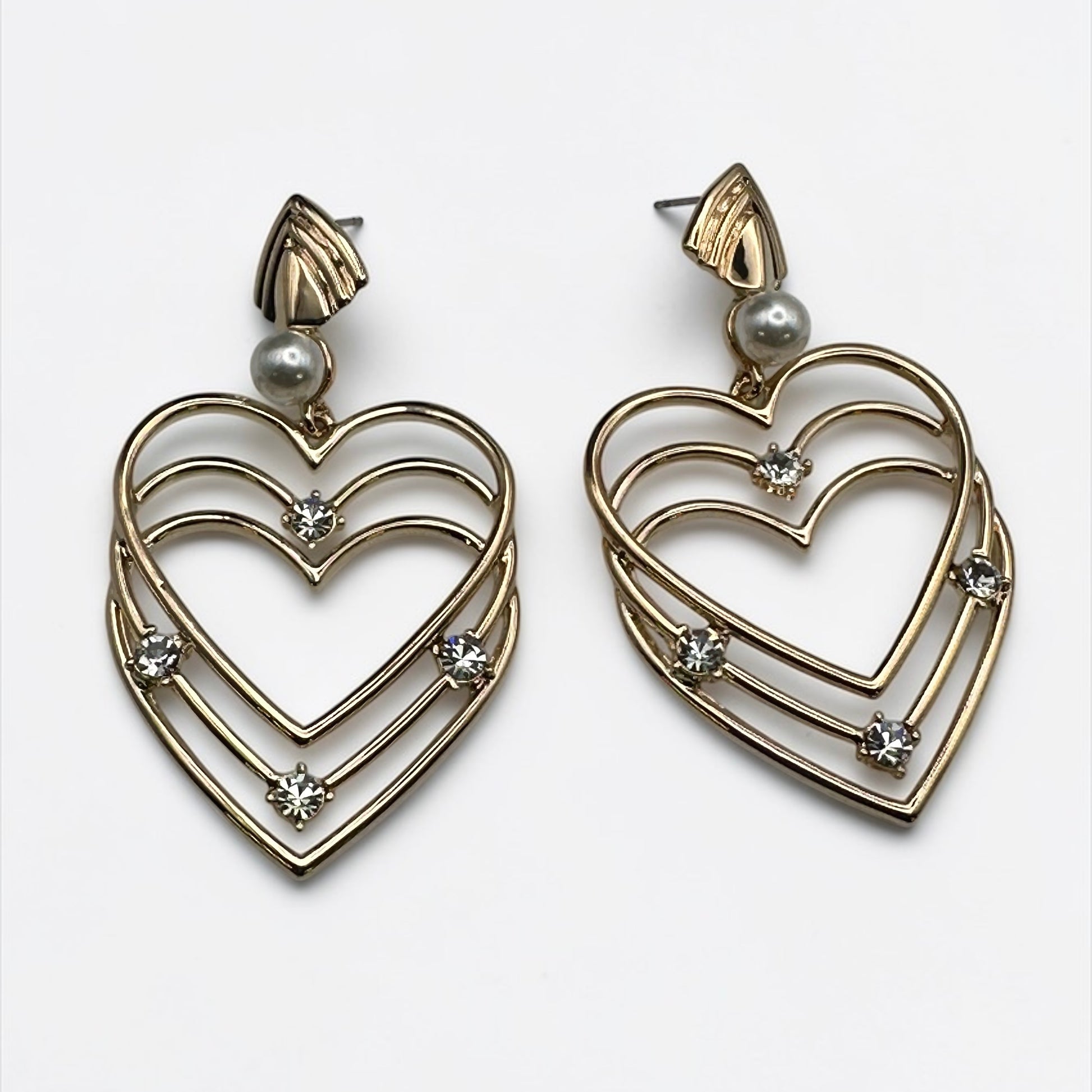 Gold Heart Rhinestone Drop Earrings – Elegant Statement Pearl Dangle Jewellery - Fatisha Boutique #