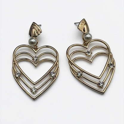 Gold Heart Rhinestone Drop Earrings – Elegant Statement Pearl Dangle Jewellery - Fatisha Boutique #