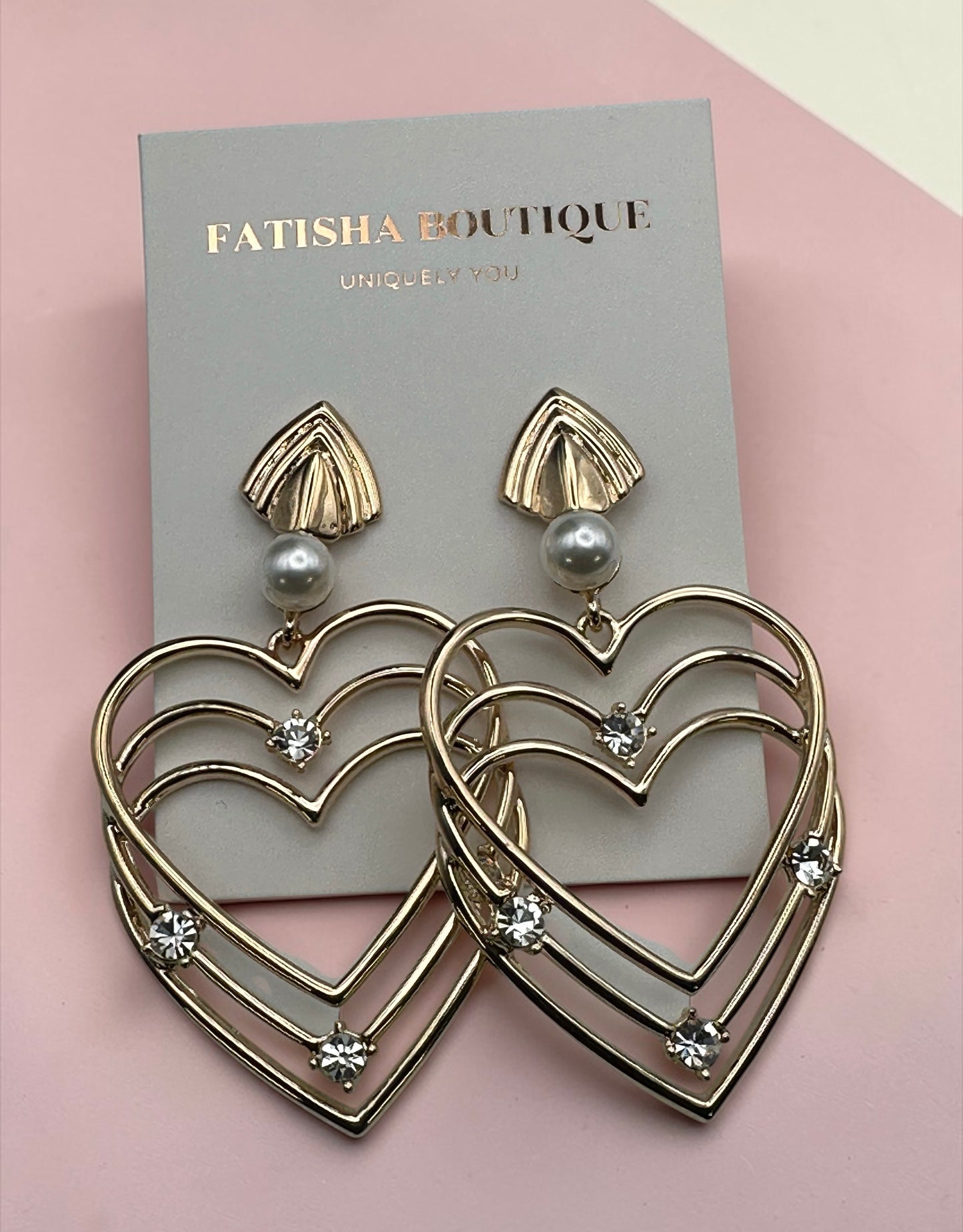 Gold Heart Rhinestone Drop Earrings – Elegant Statement Pearl Dangle Jewellery - Fatisha Boutique #