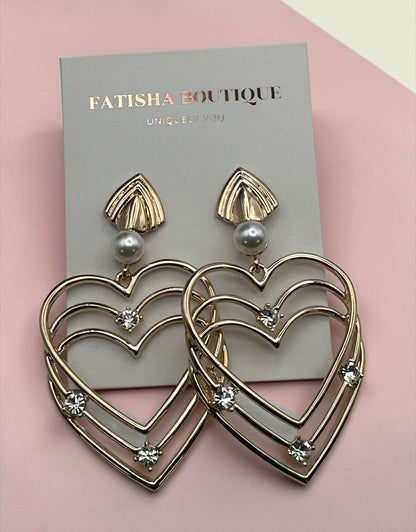 Gold Heart Rhinestone Drop Earrings – Elegant Statement Pearl Dangle Jewellery - Fatisha Boutique #