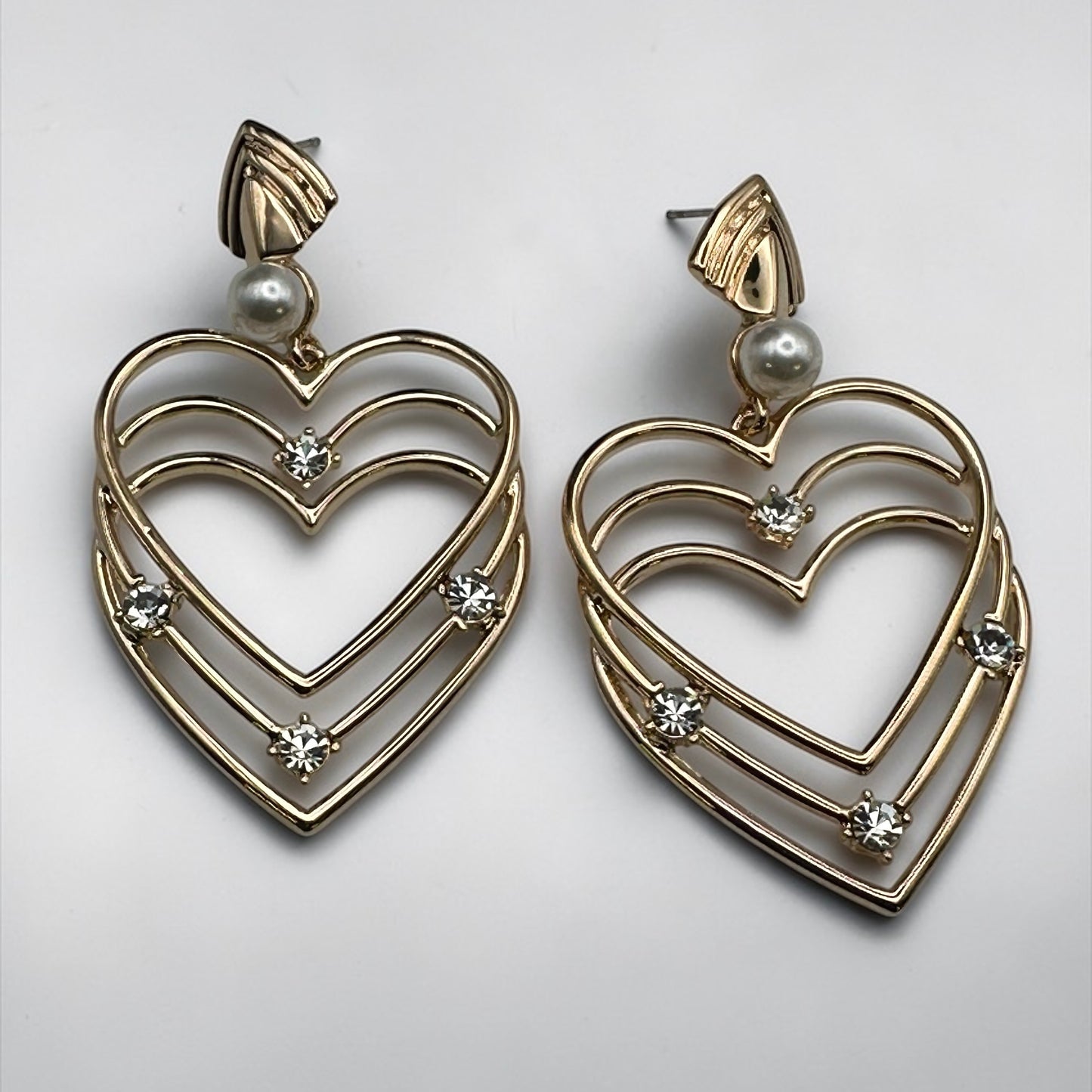 Gold Heart Rhinestone Drop Earrings – Elegant Statement Pearl Dangle Jewellery - Fatisha Boutique #