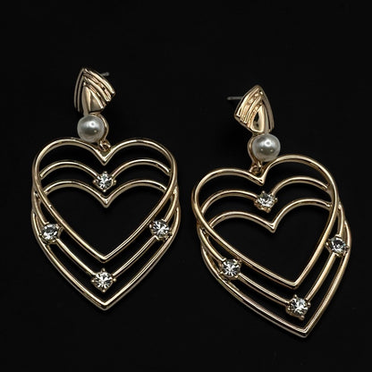 Gold Heart Rhinestone Drop Earrings – Elegant Statement Pearl Dangle Jewellery - Fatisha Boutique #