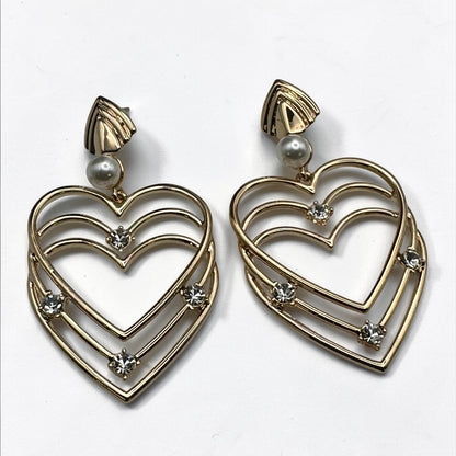 Gold Heart Rhinestone Drop Earrings – Elegant Statement Pearl Dangle Jewellery - Fatisha Boutique #