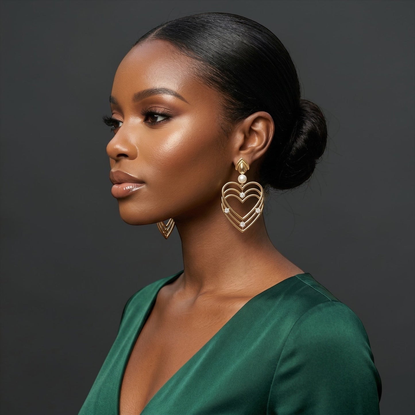 Gold Heart Rhinestone Drop Earrings – Elegant Statement Pearl Dangle Jewellery - Fatisha Boutique #