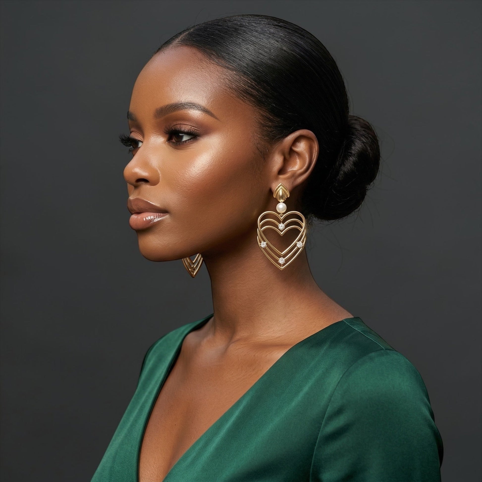 Gold Heart Rhinestone Drop Earrings – Elegant Statement Pearl Dangle Jewellery - Fatisha Boutique #