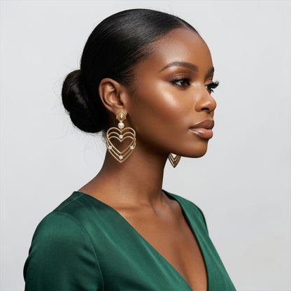 Gold Heart Rhinestone Drop Earrings – Elegant Statement Pearl Dangle Jewellery - Fatisha Boutique #