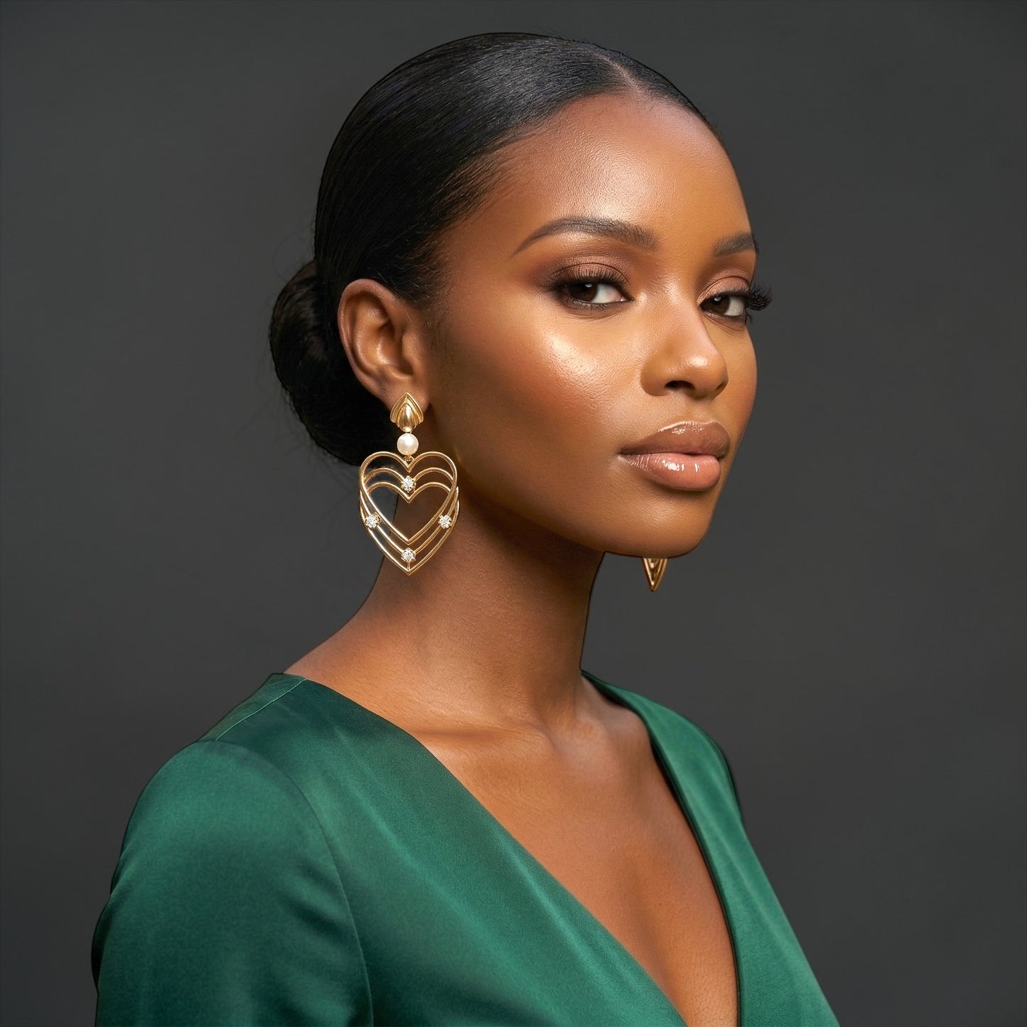 Gold Heart Rhinestone Drop Earrings – Elegant Statement Pearl Dangle Jewellery - Fatisha Boutique #