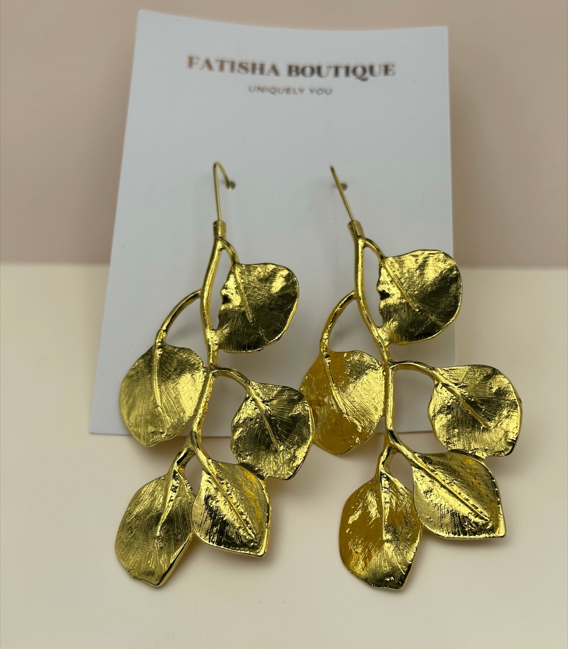 Gold Leaf Statement Earrings – Elegant Nature-Inspired Drop Earrings - Fatisha Boutique #