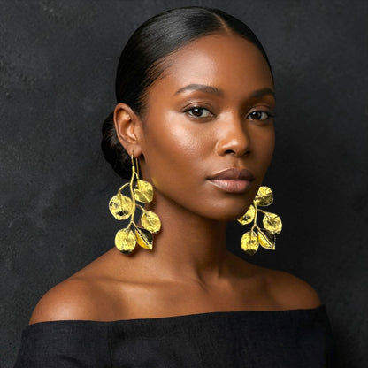 Gold Leaf Statement Earrings – Elegant Nature-Inspired Drop Earrings - Fatisha Boutique #