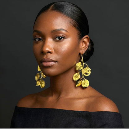 Gold Leaf Statement Earrings – Elegant Nature-Inspired Drop Earrings - Fatisha Boutique #