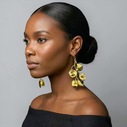 Gold Leaf Statement Earrings – Elegant Nature-Inspired Drop Earrings - Fatisha Boutique #