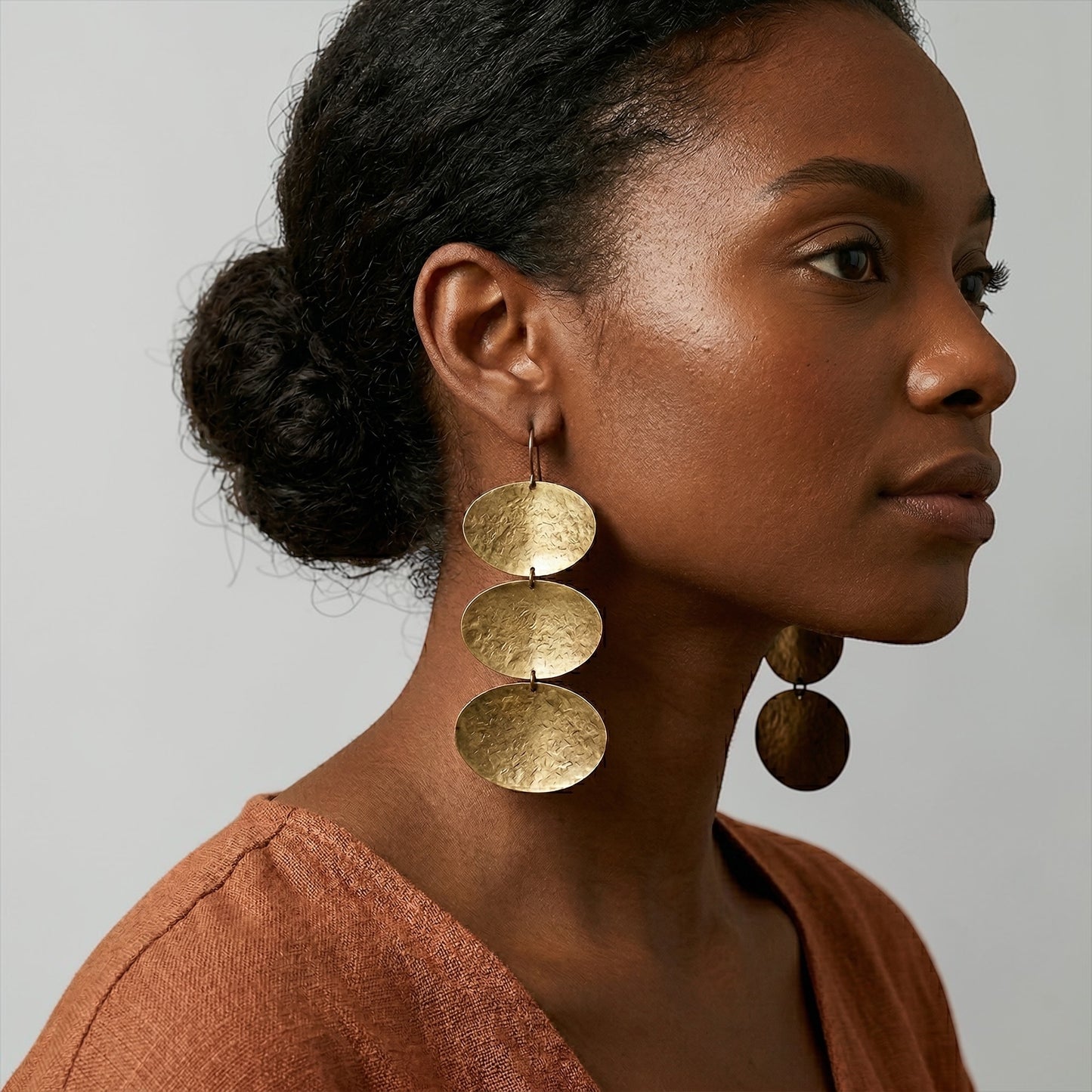 African Handcrafted Brass Statement Earrings – Hammered Gold Tribal Drop Earrings, Bold Long Jewellery for Women - Fatisha Boutique #