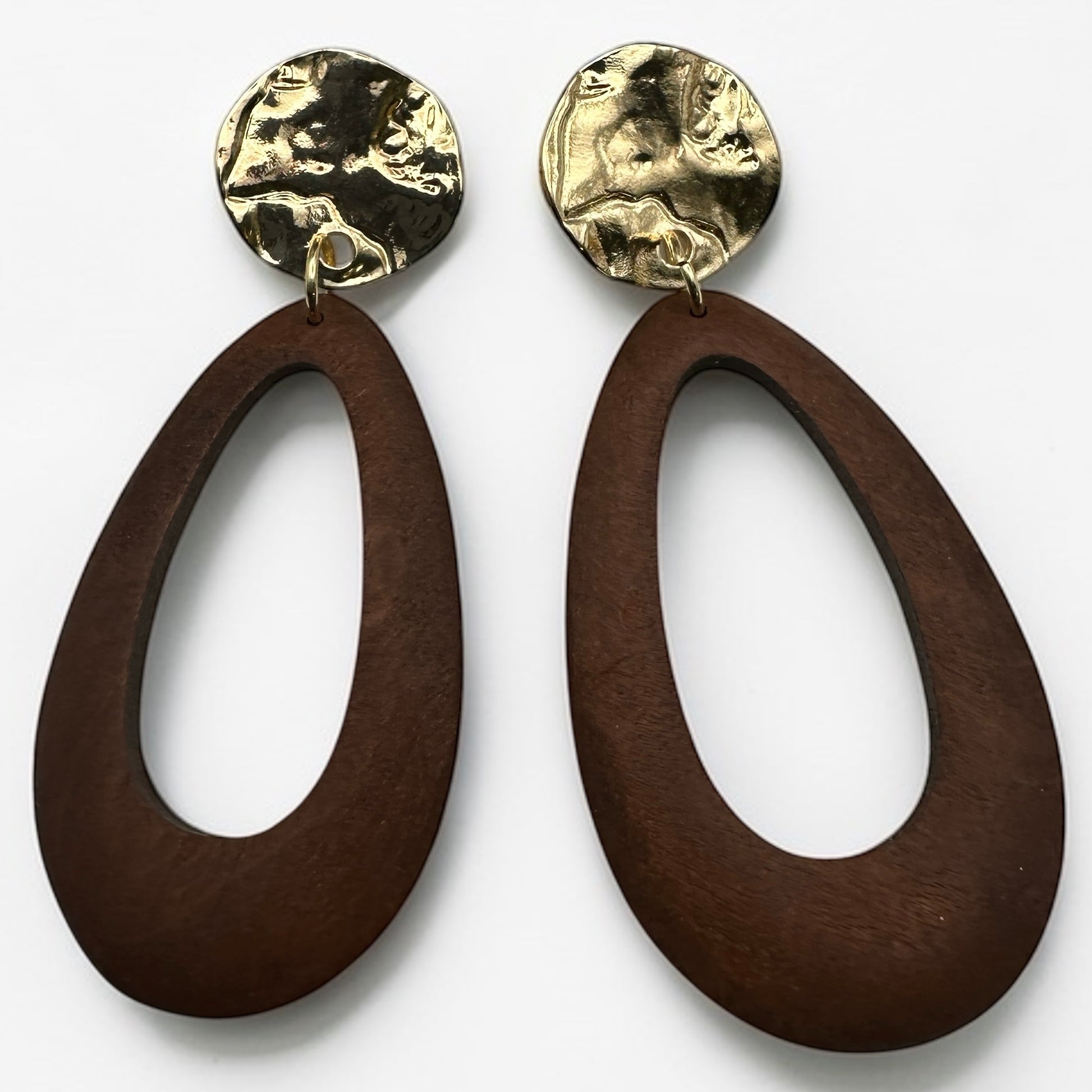 Brown Wooden Statement Earrings with Gold Stud – Ethnic Boho Teardrop Drop Earrings - Fatisha Boutique #