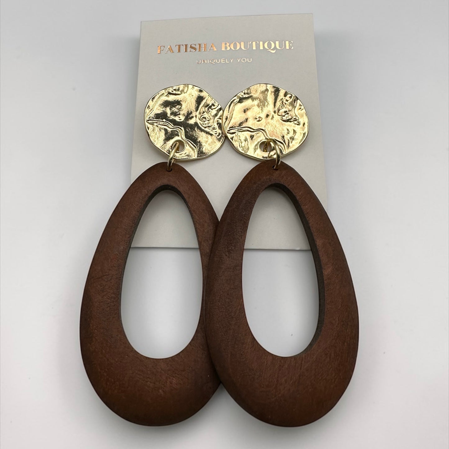 Brown Wooden Statement Earrings with Gold Stud – Ethnic Boho Teardrop Drop Earrings - Fatisha Boutique #