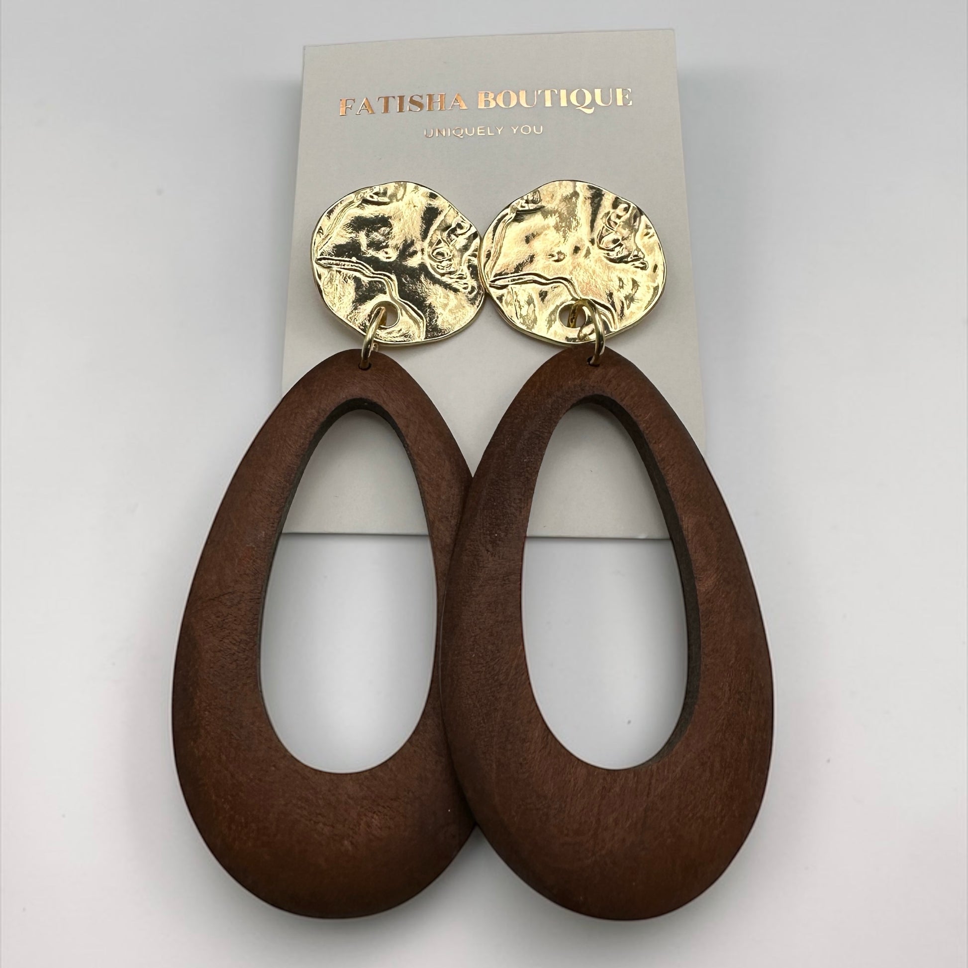 Brown Wooden Statement Earrings with Gold Stud – Ethnic Boho Teardrop Drop Earrings - Fatisha Boutique #