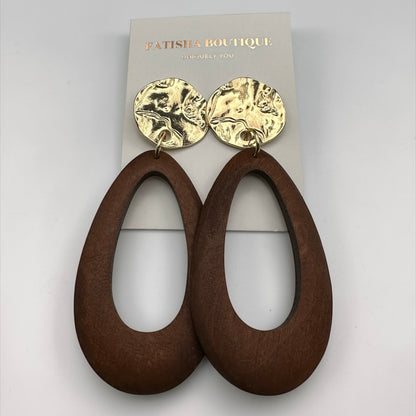 Brown Wooden Statement Earrings with Gold Stud – Ethnic Boho Teardrop Drop Earrings - Fatisha Boutique #