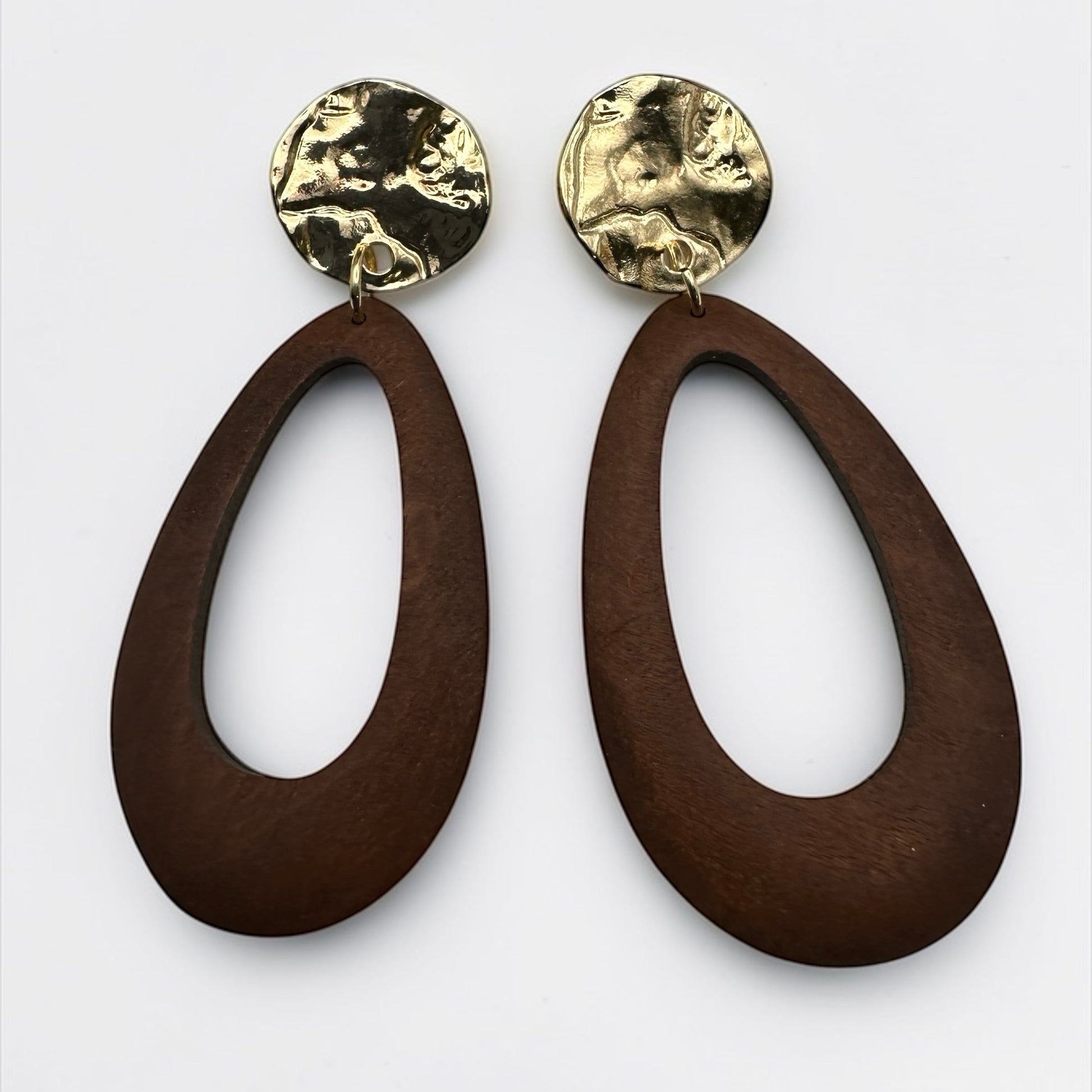 Brown Wooden Statement Earrings with Gold Stud – Ethnic Boho Teardrop Drop Earrings - Fatisha Boutique #
