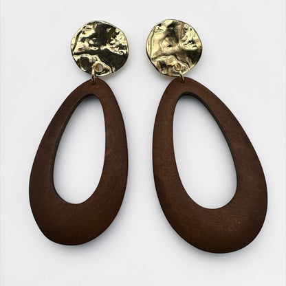 Brown Wooden Statement Earrings with Gold Stud – Ethnic Boho Teardrop Drop Earrings - Fatisha Boutique #