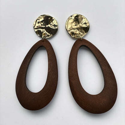 Brown Wooden Statement Earrings with Gold Stud – Ethnic Boho Teardrop Drop Earrings - Fatisha Boutique #