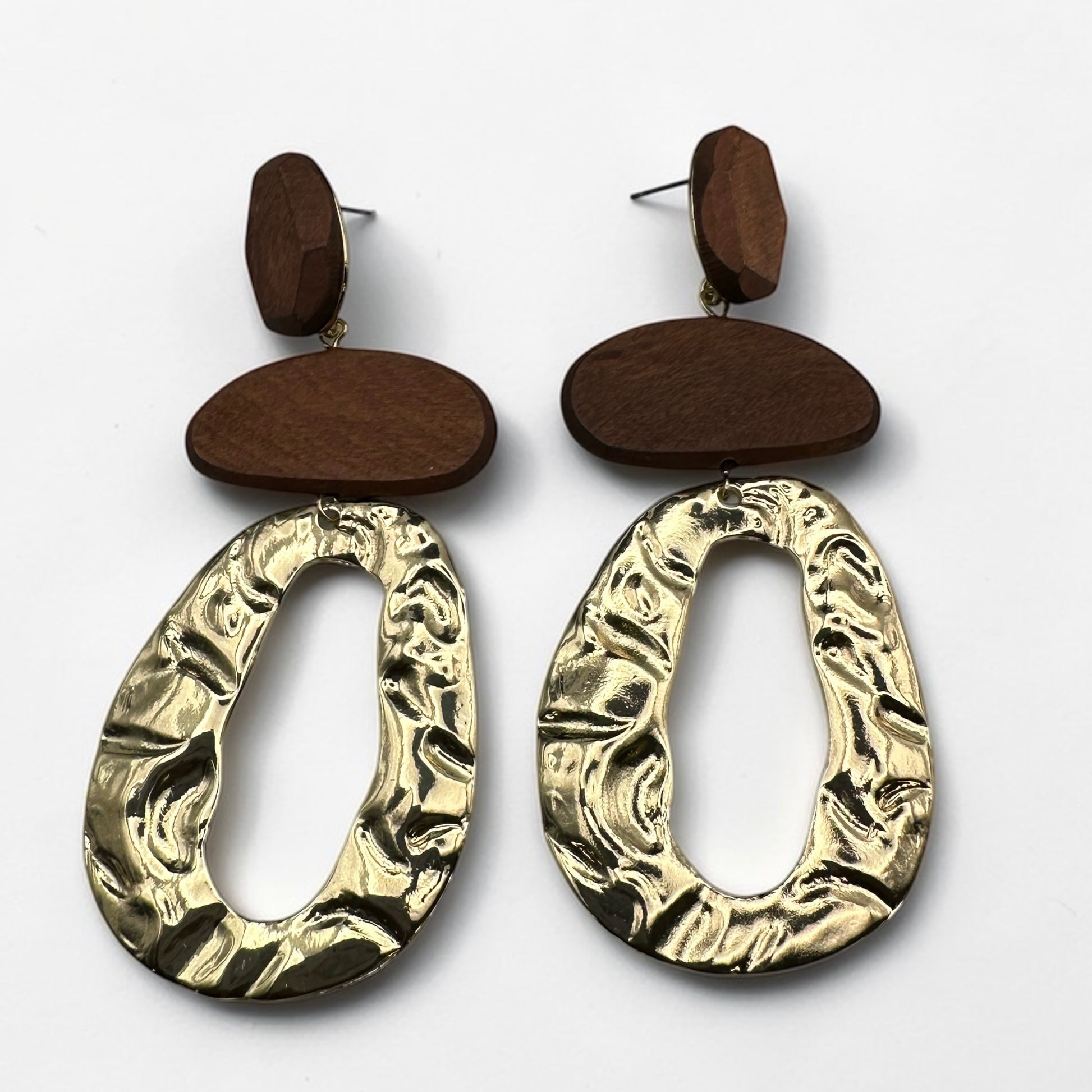 Brown Wooden & Gold Statement Earrings – Ethnic Boho Drop Earrings, Bold Handmade Style Jewellery - Fatisha Boutique #