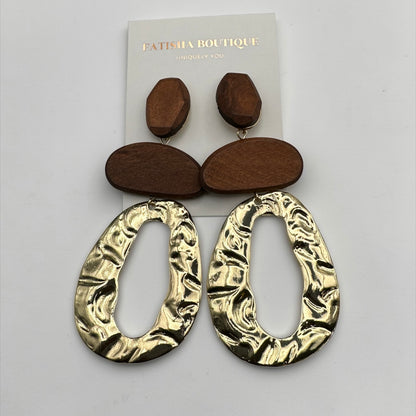 Brown Wooden & Gold Statement Earrings – Ethnic Boho Drop Earrings, Bold Handmade Style Jewellery - Fatisha Boutique #