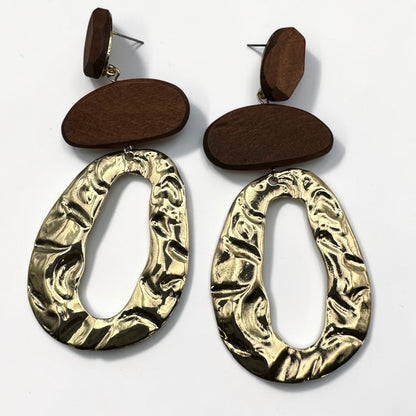 Brown Wooden & Gold Statement Earrings – Ethnic Boho Drop Earrings, Bold Handmade Style Jewellery - Fatisha Boutique #