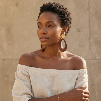 Brown Wooden Statement Earrings with Gold Stud – Ethnic Boho Teardrop Drop Earrings - Fatisha Boutique #