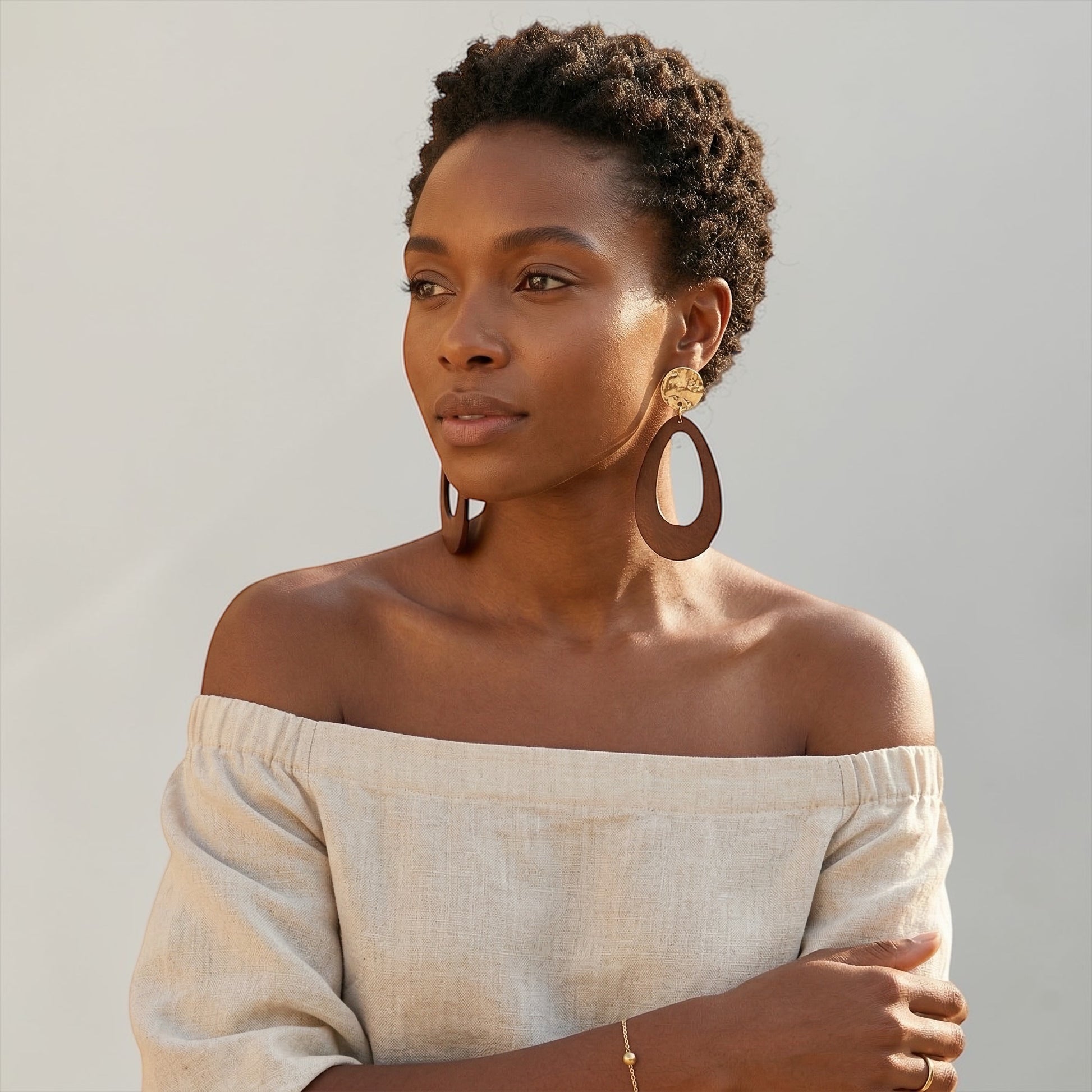 Brown Wooden Statement Earrings with Gold Stud – Ethnic Boho Teardrop Drop Earrings - Fatisha Boutique #