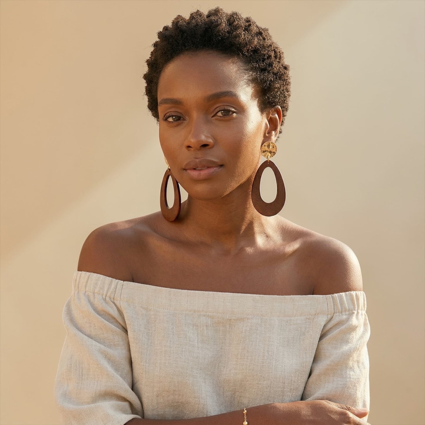 Brown Wooden Statement Earrings with Gold Stud – Ethnic Boho Teardrop Drop Earrings - Fatisha Boutique #