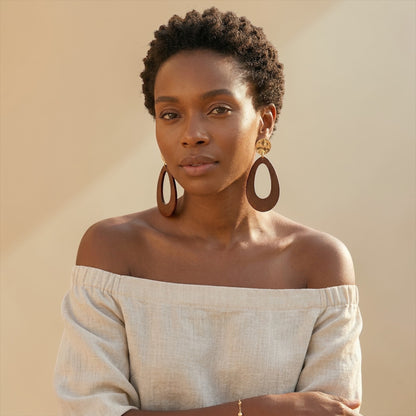 Brown Wooden Statement Earrings with Gold Stud – Ethnic Boho Teardrop Drop Earrings - Fatisha Boutique #