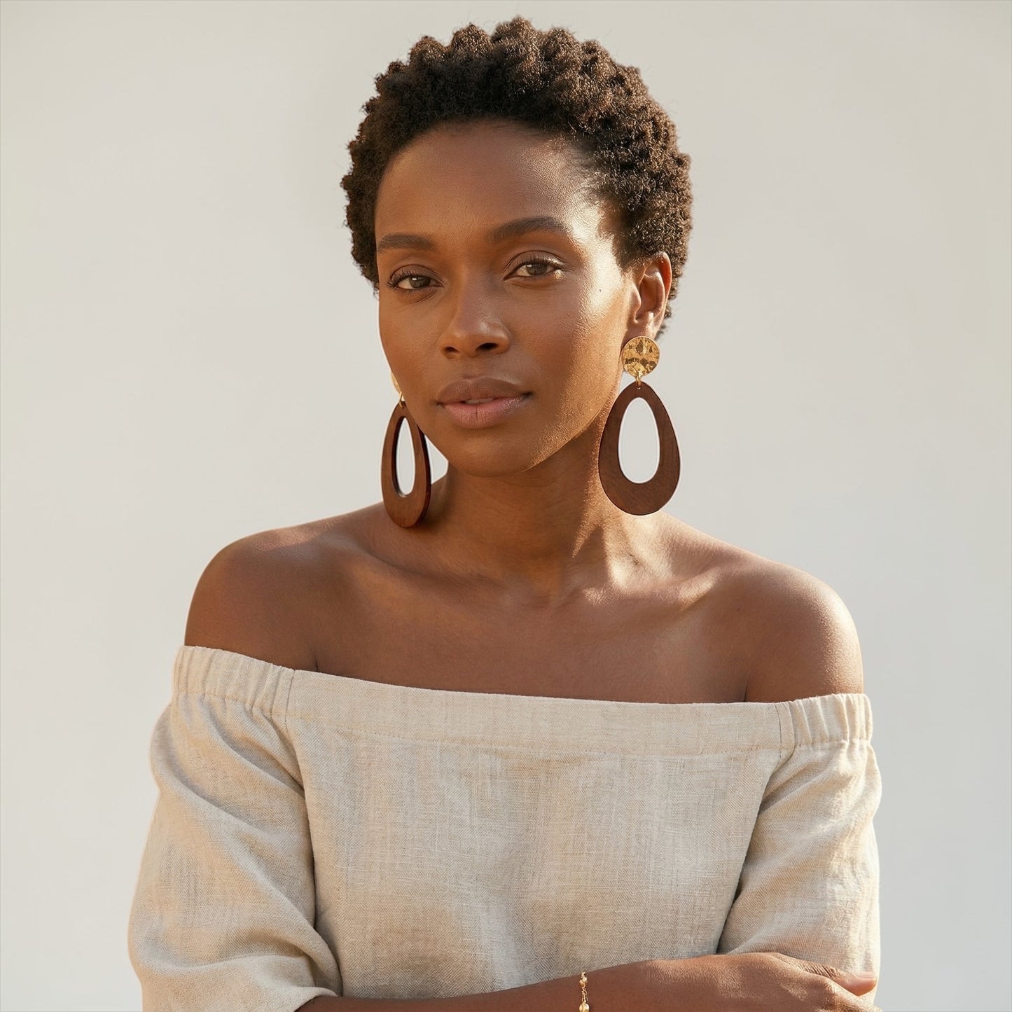 Brown Wooden Statement Earrings with Gold Stud – Ethnic Boho Teardrop Drop Earrings - Fatisha Boutique #