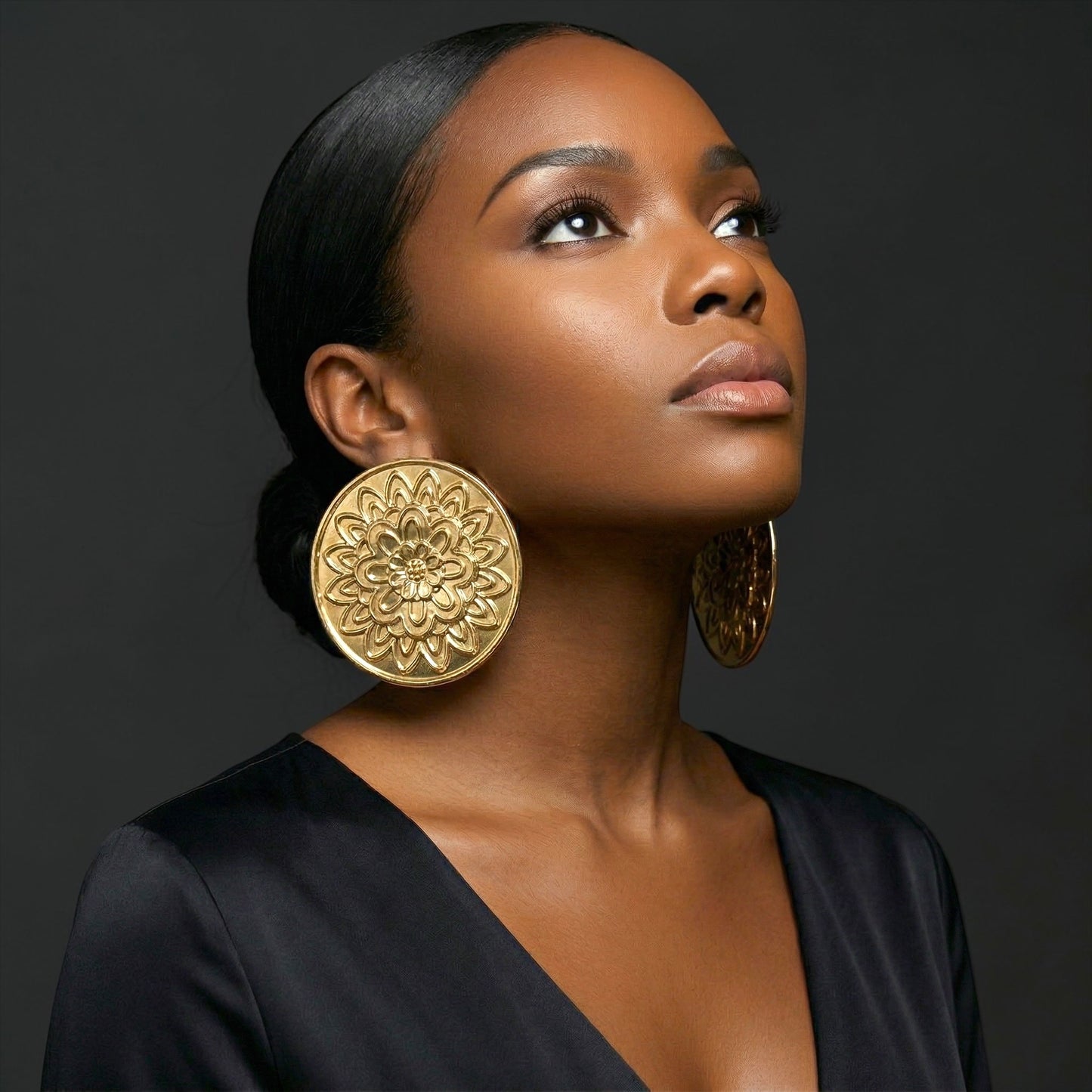 Oversized Gold Floral Disc Earrings – African-Inspired Statement Jewellery - Fatisha Boutique #