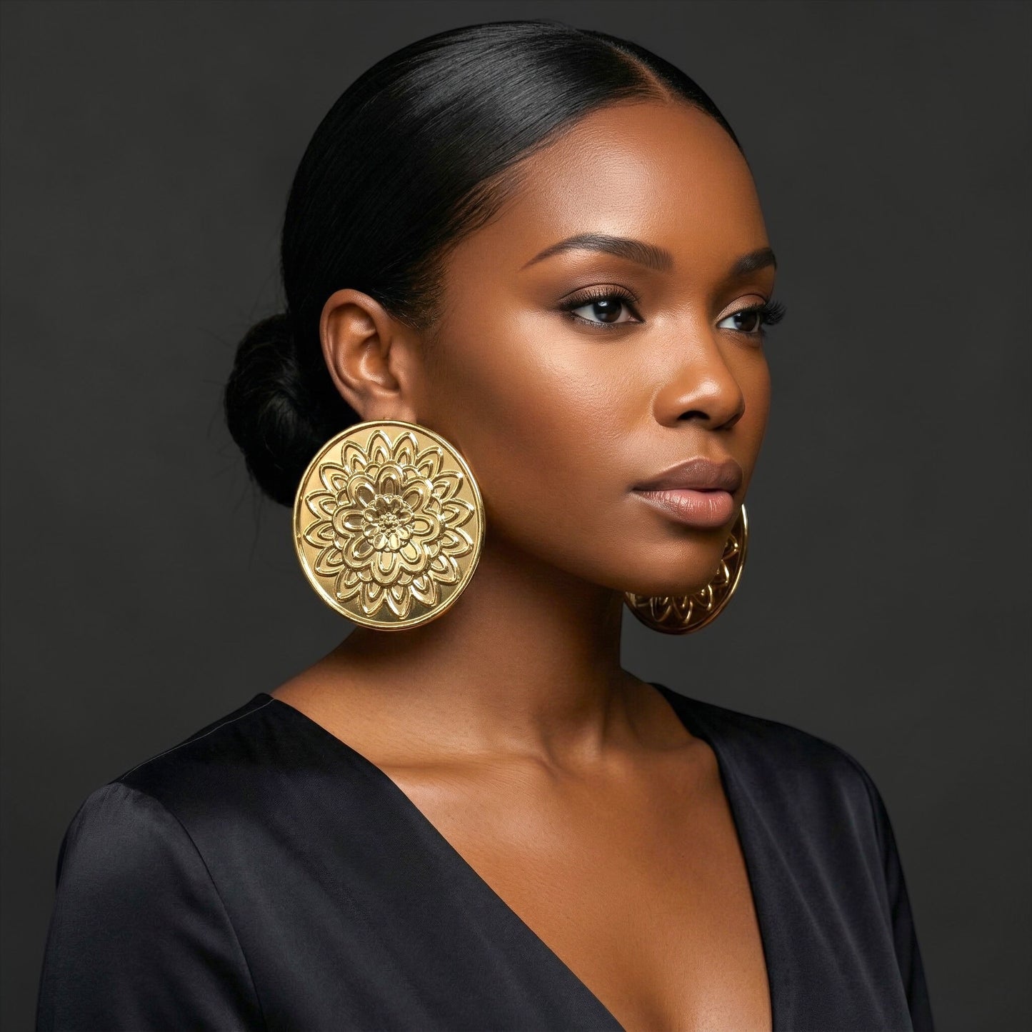 Oversized Gold Floral Disc Earrings – African-Inspired Statement Jewellery - Fatisha Boutique #