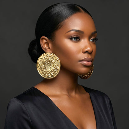 Oversized Gold Floral Disc Earrings – African-Inspired Statement Jewellery - Fatisha Boutique #