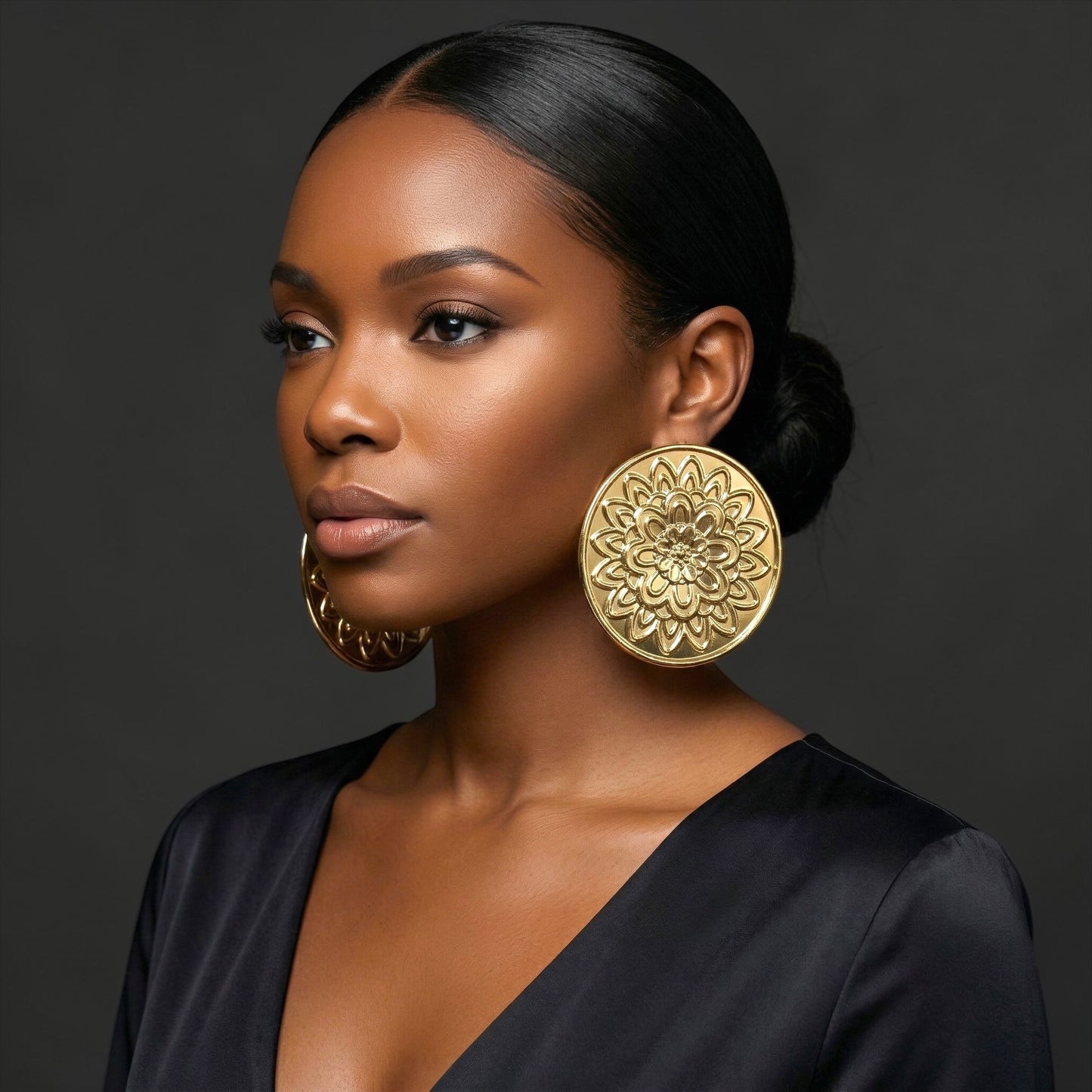 Oversized Gold Floral Disc Earrings – African-Inspired Statement Jewellery - Fatisha Boutique #