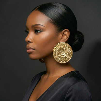 Oversized Gold Floral Disc Earrings – African-Inspired Statement Jewellery - Fatisha Boutique #