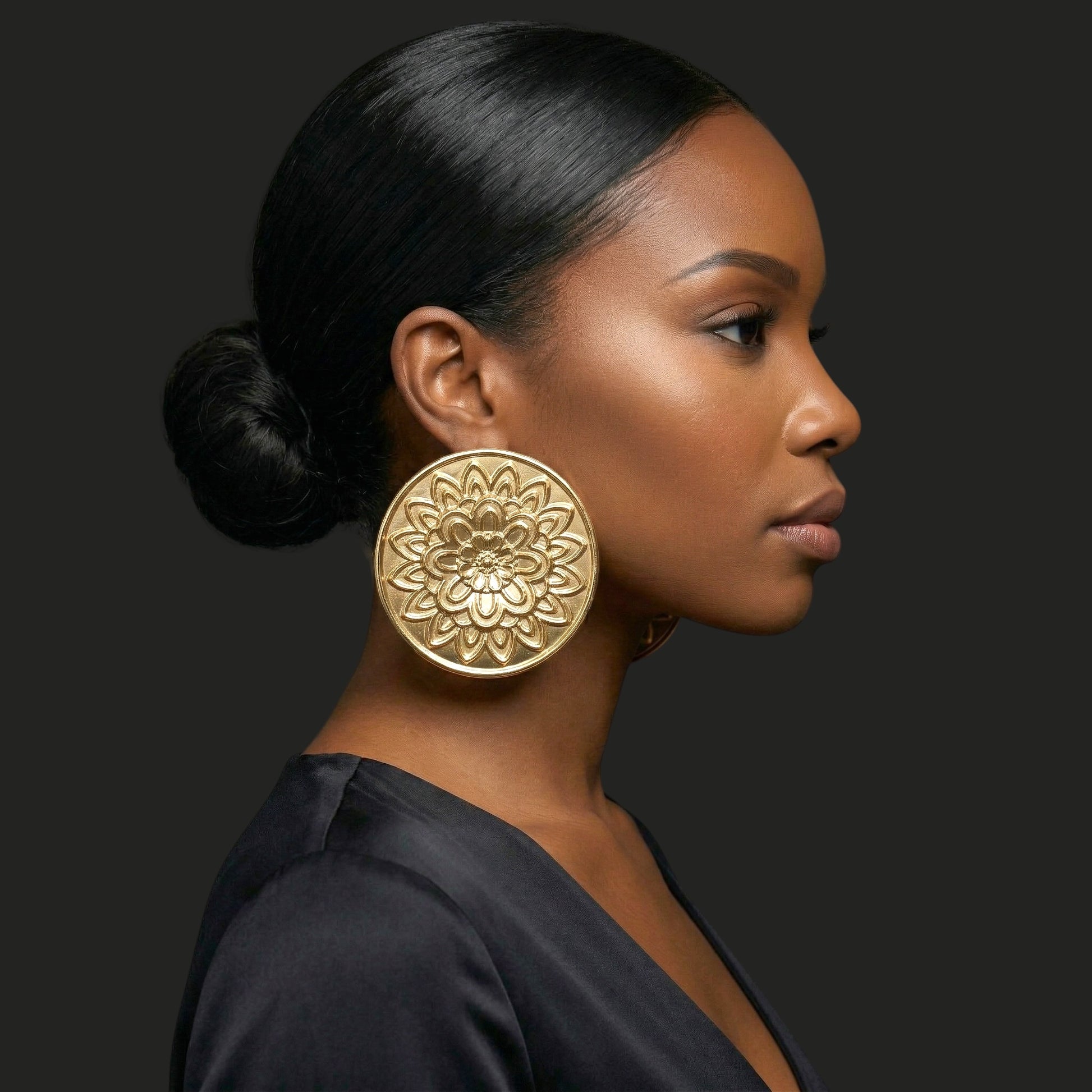 Oversized Gold Floral Disc Earrings – African-Inspired Statement Jewellery - Fatisha Boutique #