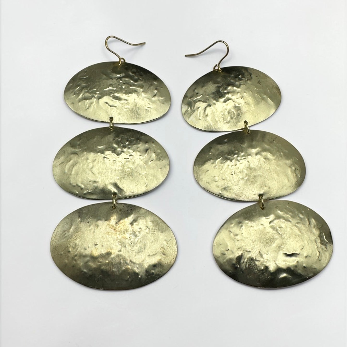 Triple Oval Brass Drop Earrings – Handmade Hammered Statement Jewellery - Fatisha Boutique #
