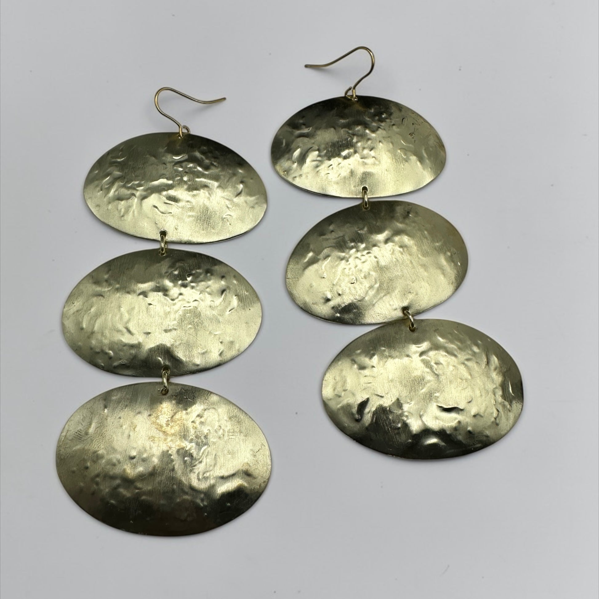 Triple Oval Brass Drop Earrings – Handmade Hammered Statement Jewellery - Fatisha Boutique #