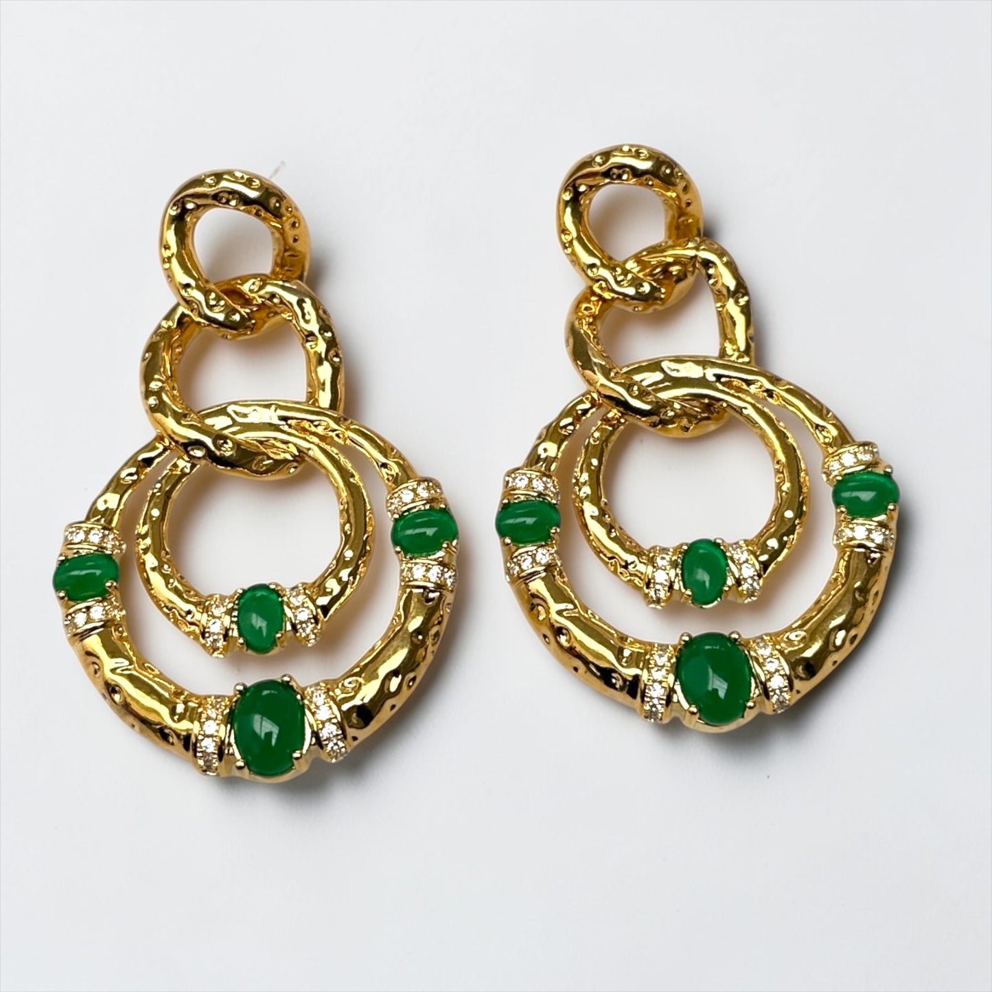Gold & Green Gem Statement Earrings – Elegant Textured Hoop Dangle Earrings - Fatisha Boutique #