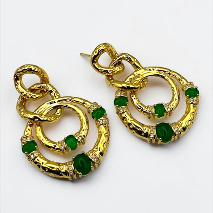 Gold & Green Gem Statement Earrings – Elegant Textured Hoop Dangle Earrings - Fatisha Boutique #