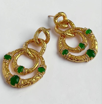Gold & Green Gem Statement Earrings – Elegant Textured Hoop Dangle Earrings - Fatisha Boutique #